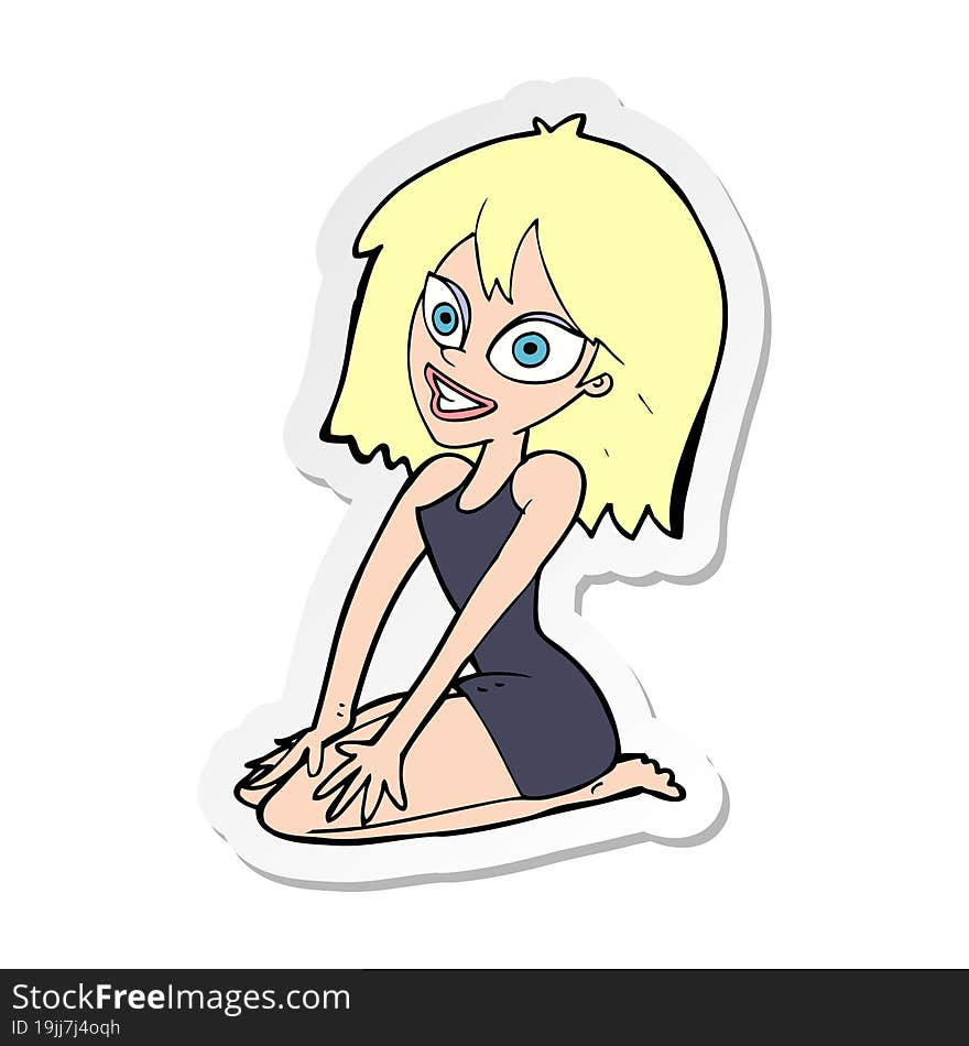 sticker of a cartoon happy woman in dress