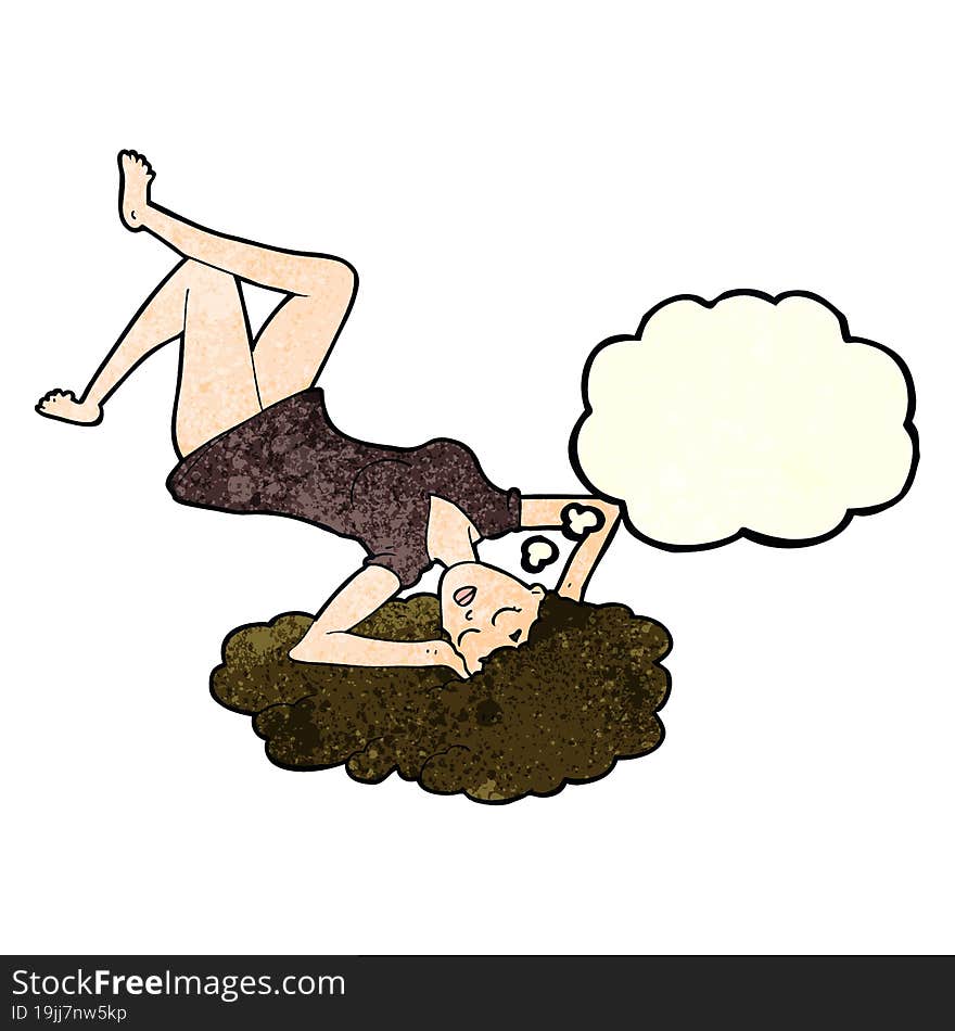 cartoon woman lying on floor with thought bubble