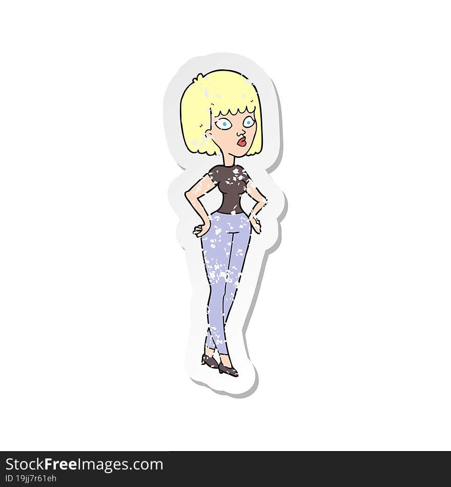 retro distressed sticker of a cartoon woman with hands on hips