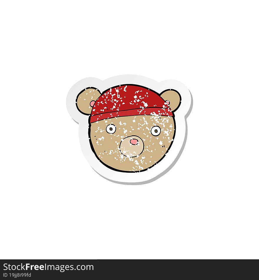 retro distressed sticker of a cartoon teddy bear hat