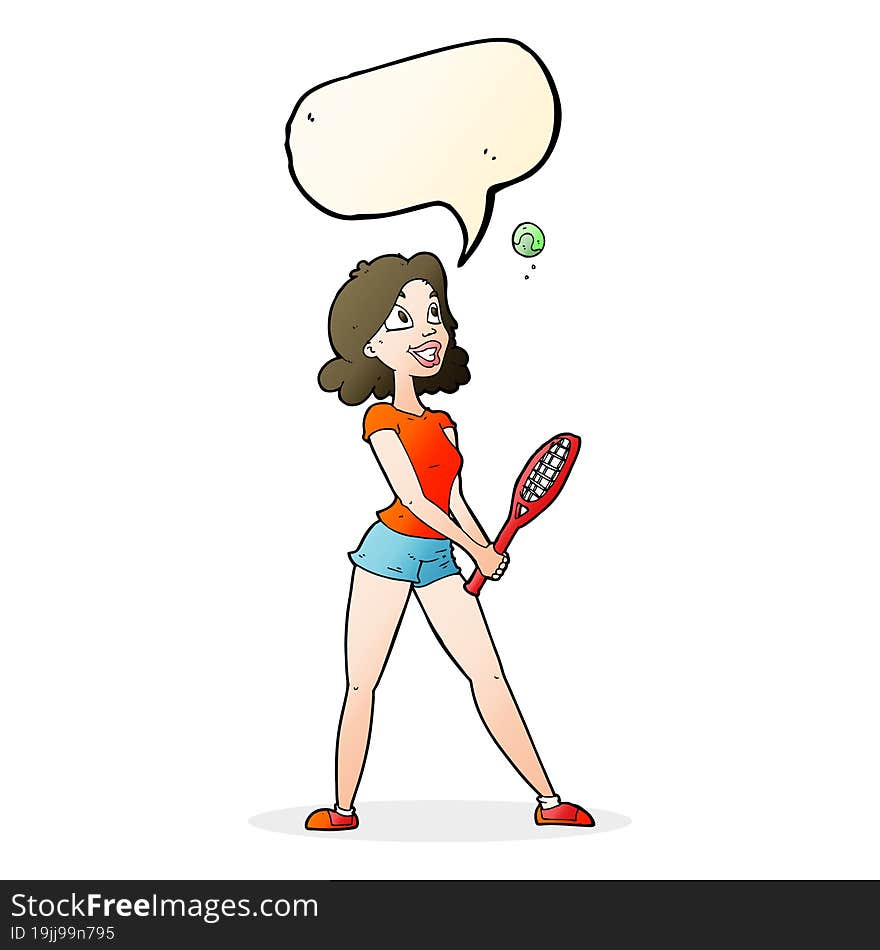 Cartoon Woman Playing Tennis With Speech Bubble