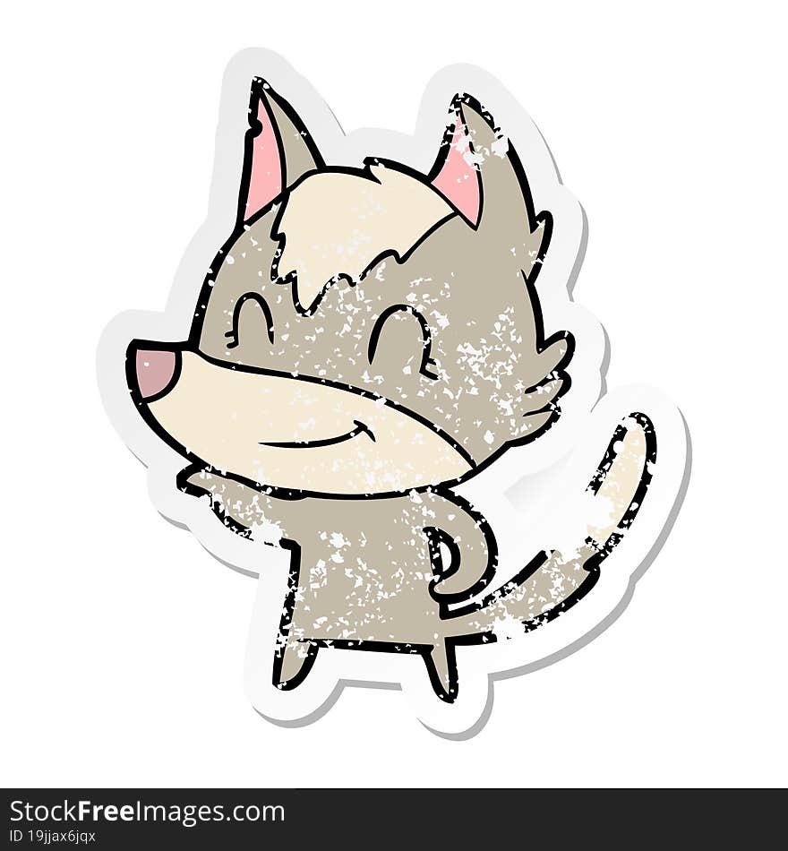 distressed sticker of a friendly cartoon wolf