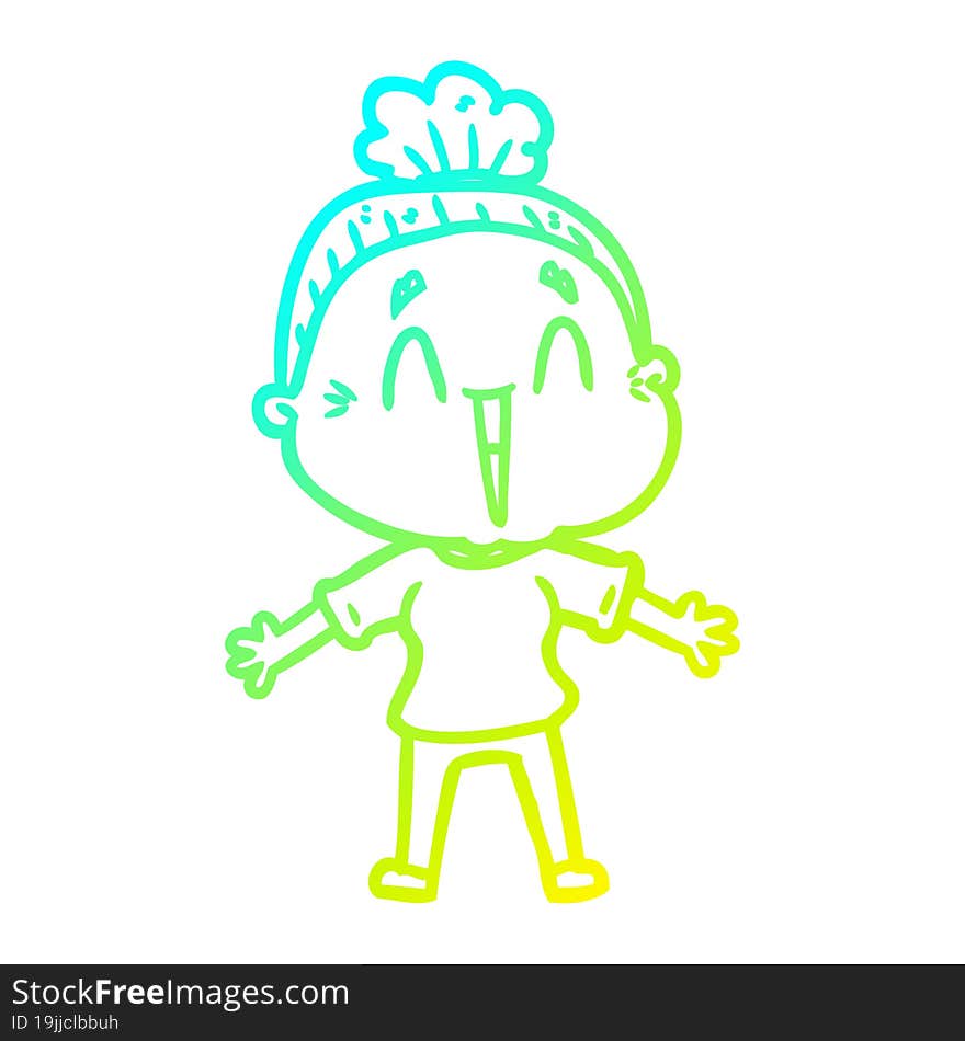 cold gradient line drawing cartoon happy old lady