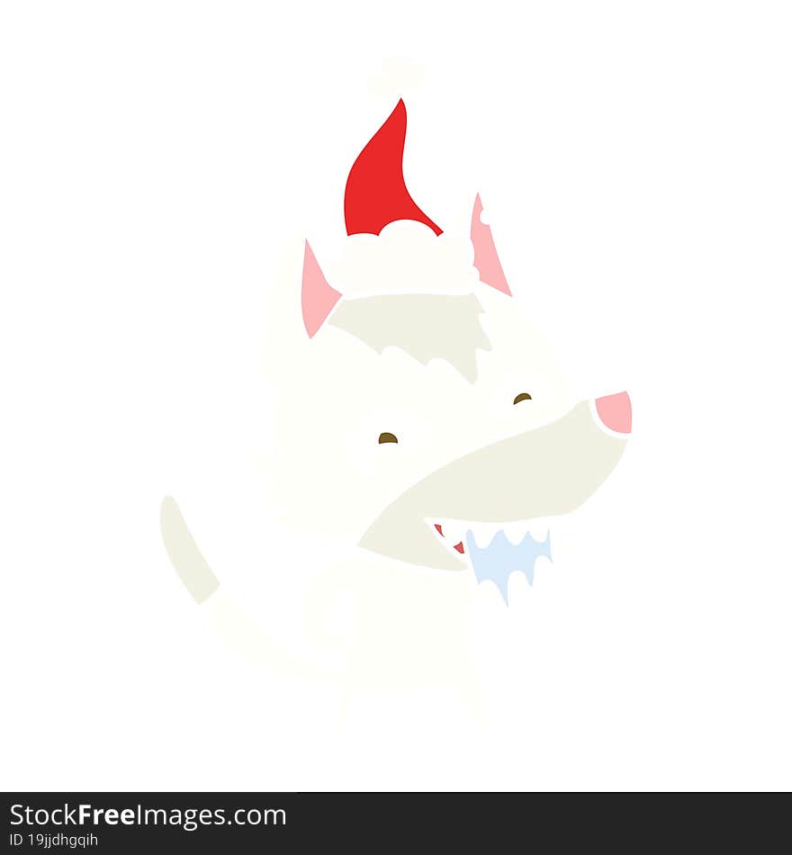 Flat Color Illustration Of A Hungry Wolf Wearing Santa Hat