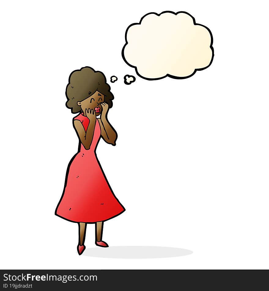 cartoon worried woman with thought bubble