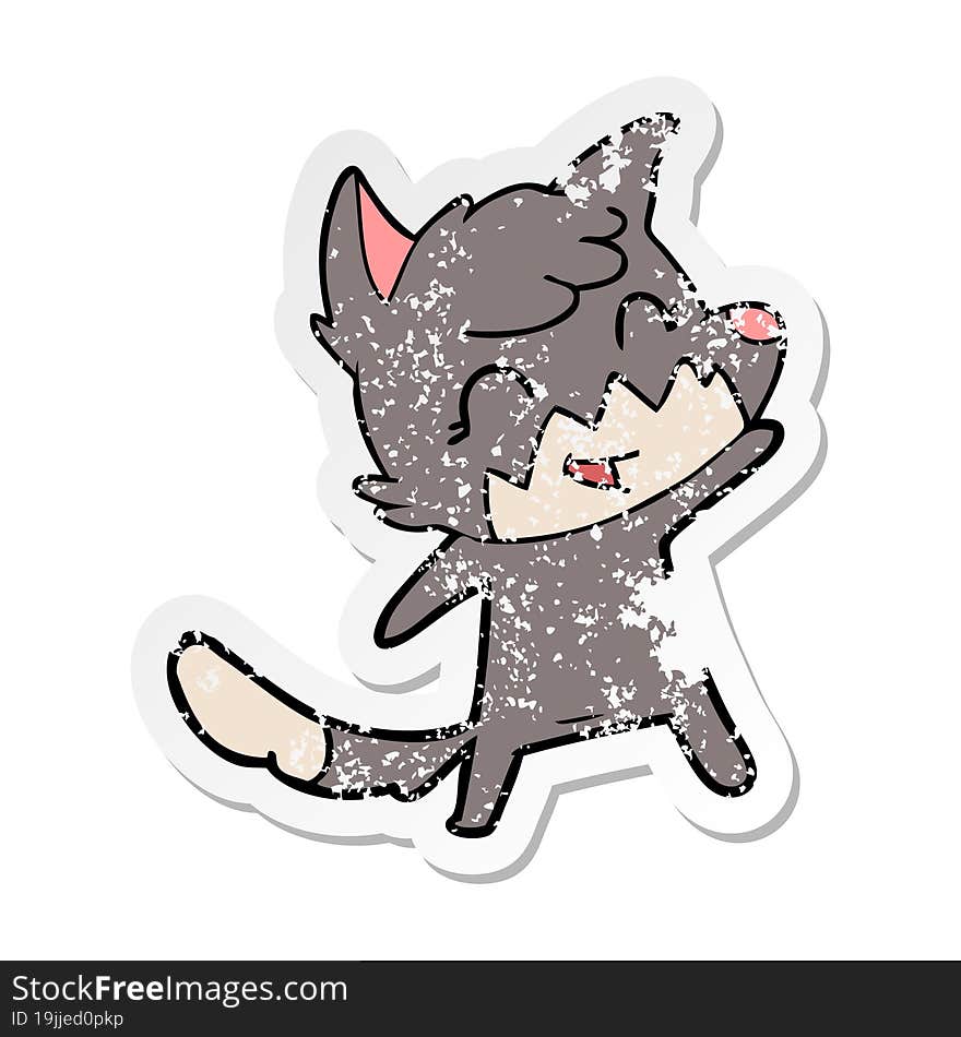 distressed sticker of a happy cartoon fox