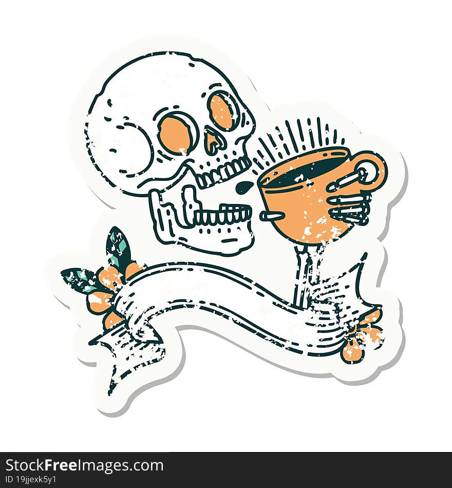 grunge sticker with banner of a skull drinking coffee