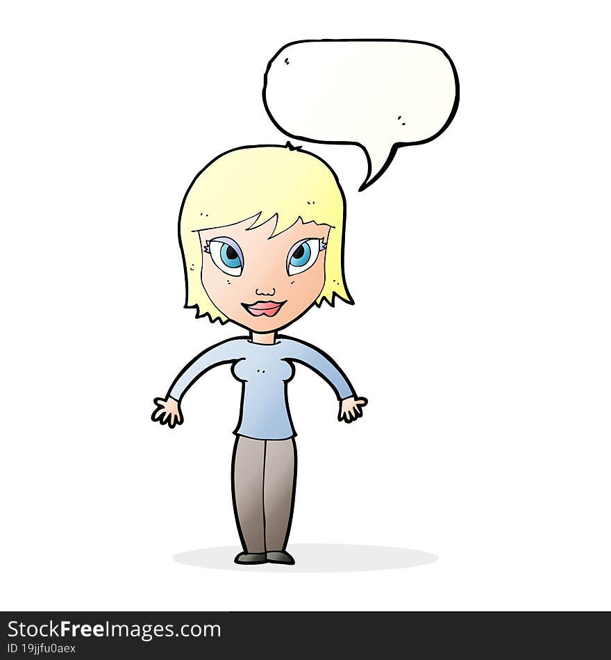 cartoon woman shrugging shoulders with speech bubble