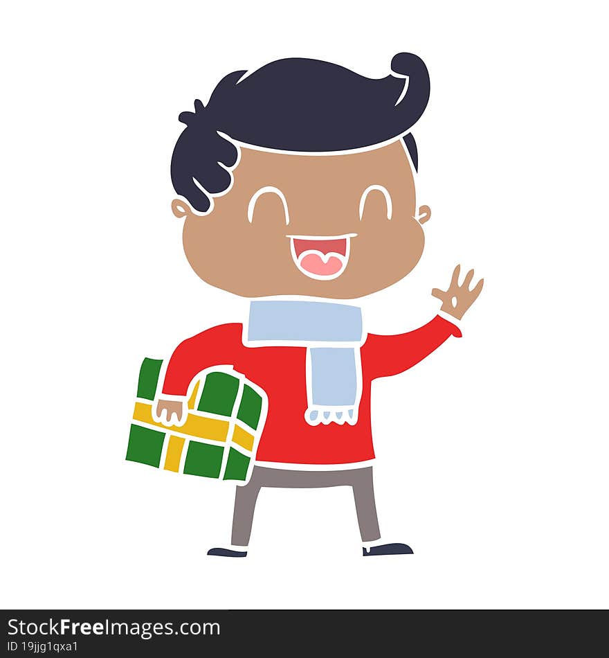 flat color style cartoon laughing man holding gift