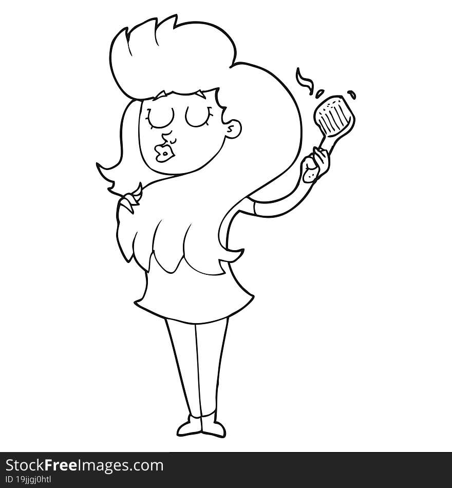 Black And White Cartoon Woman Brushing Hair