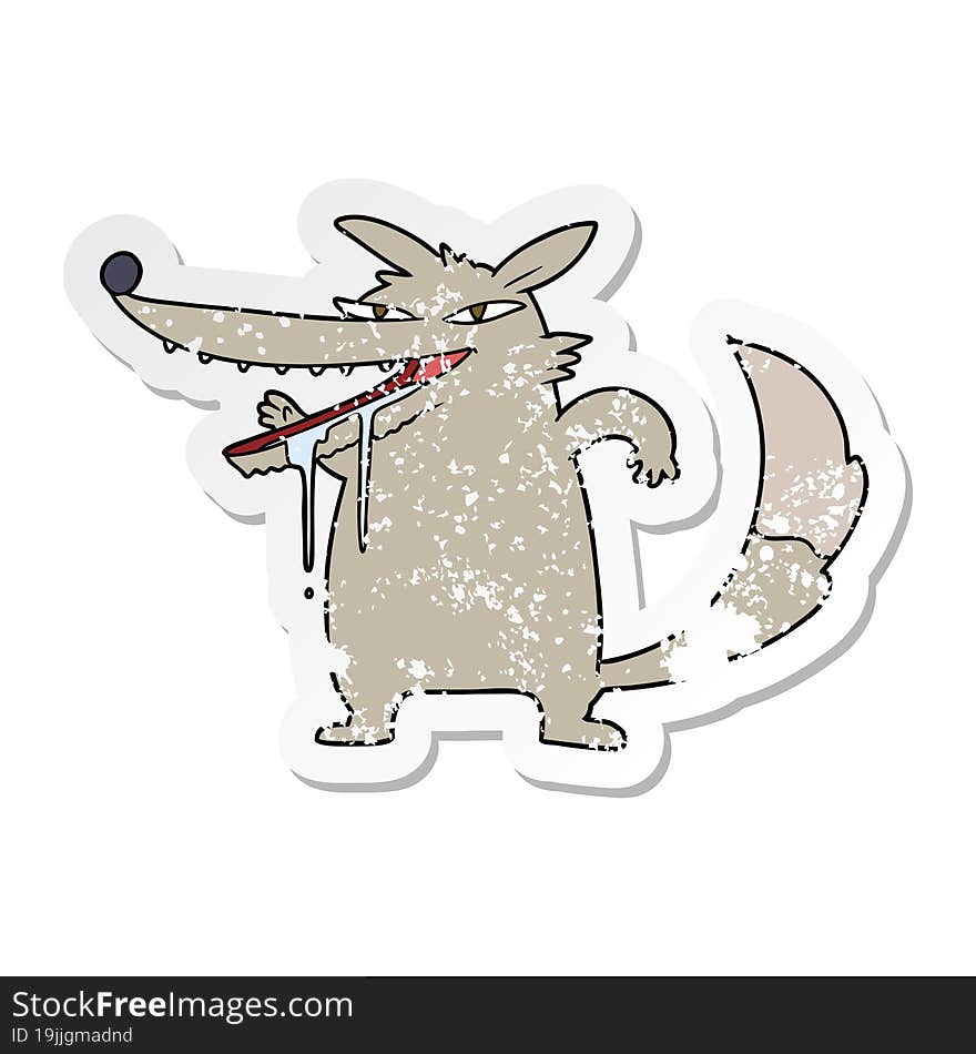 distressed sticker of a hungry cartoon wolf