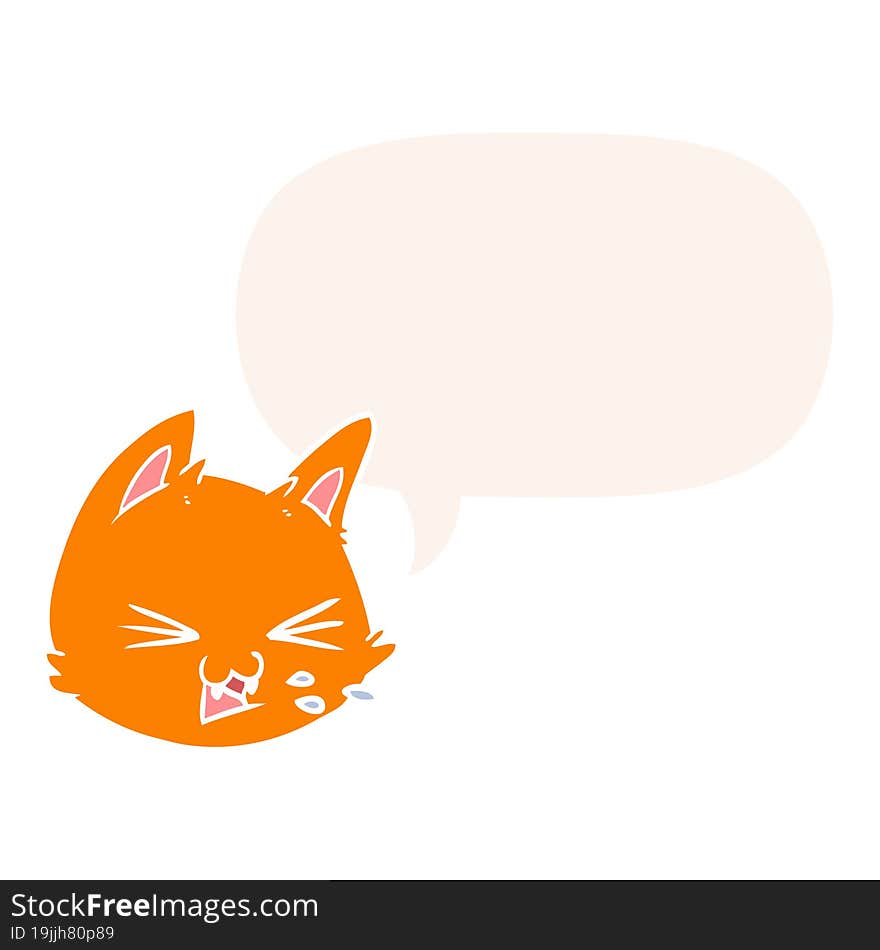 spitting cartoon cat face with speech bubble in retro style