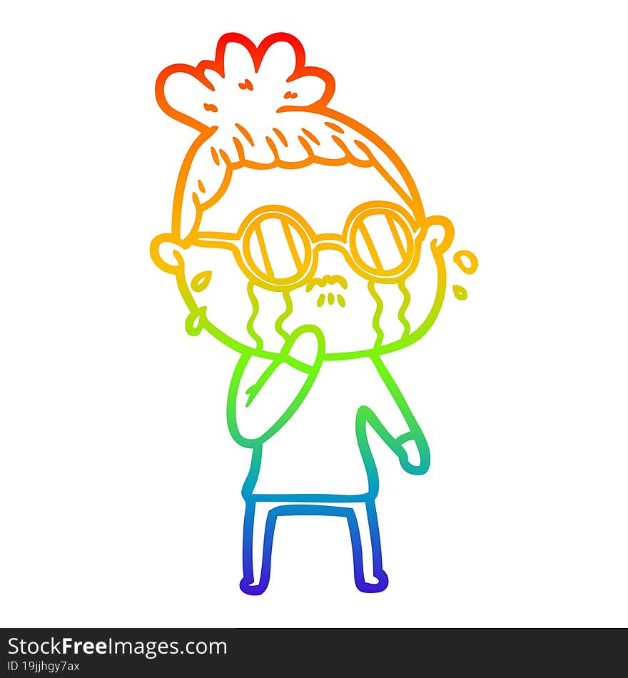 rainbow gradient line drawing cartoon crying woman wearing spectacles