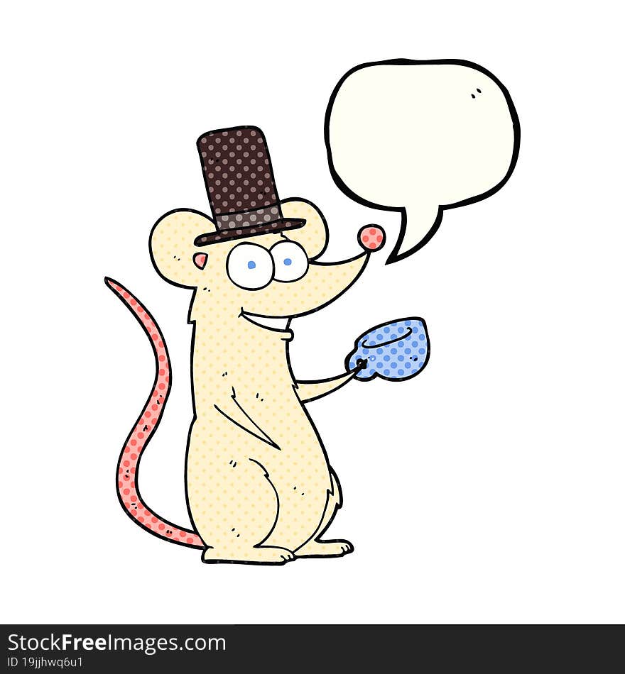 freehand drawn comic book speech bubble cartoon mouse with teacup