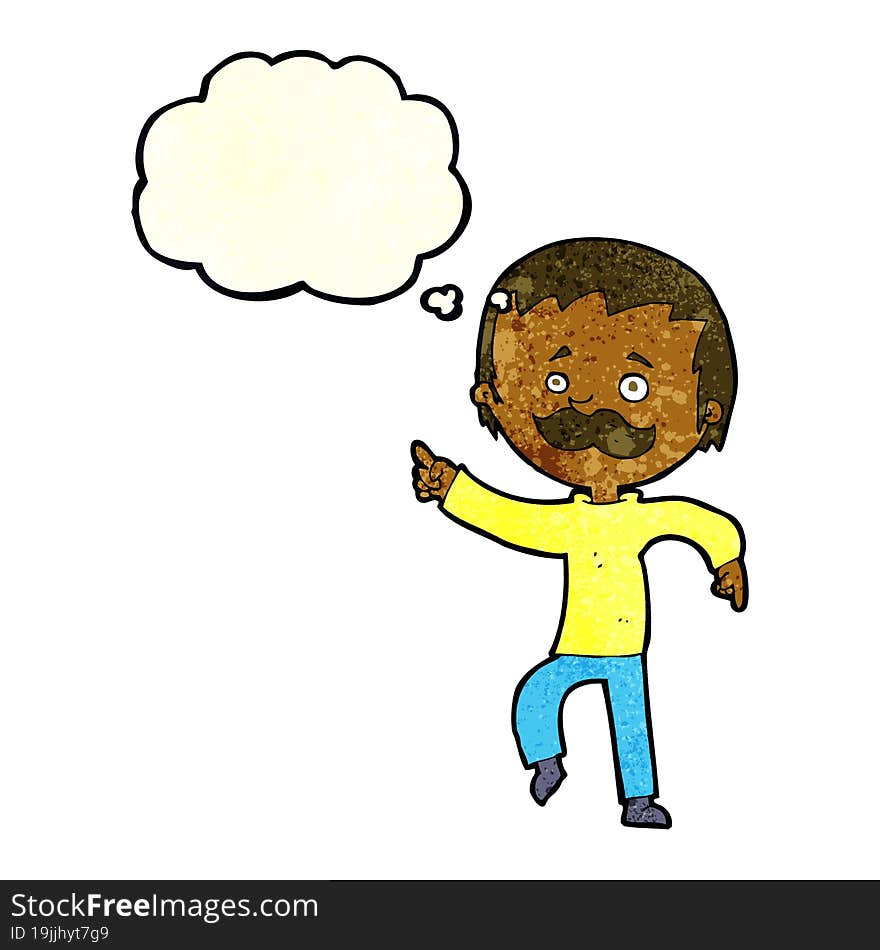 cartoon man with mustache pointing with thought bubble