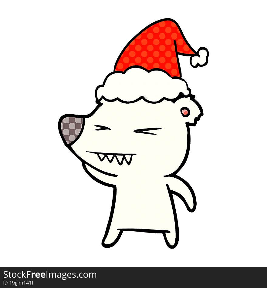 angry polar bear comic book style illustration of a wearing santa hat