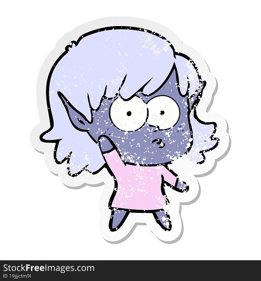 distressed sticker of a cartoon elf girl waving