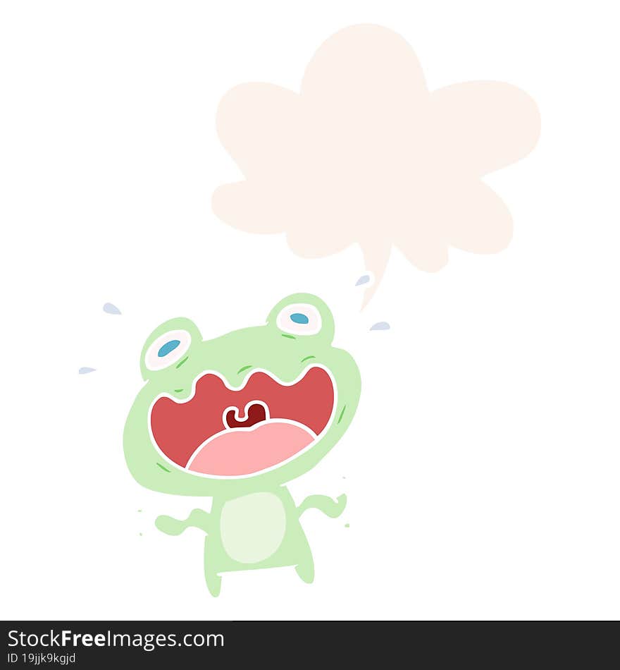 cute cartoon frog frightened and speech bubble in retro style