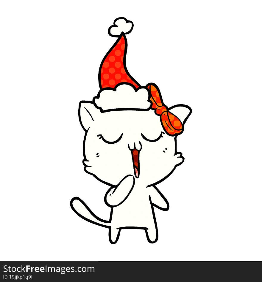 Comic Book Style Illustration Of A Cat Wearing Santa Hat