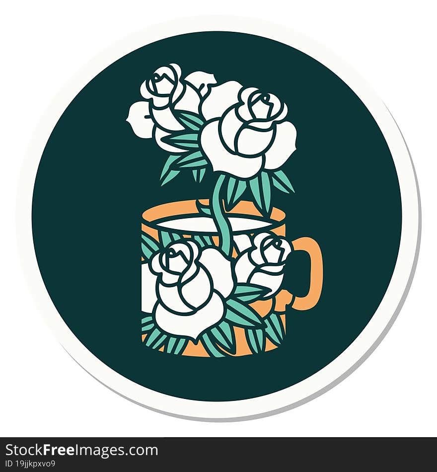 tattoo style sticker of a cup and flowers