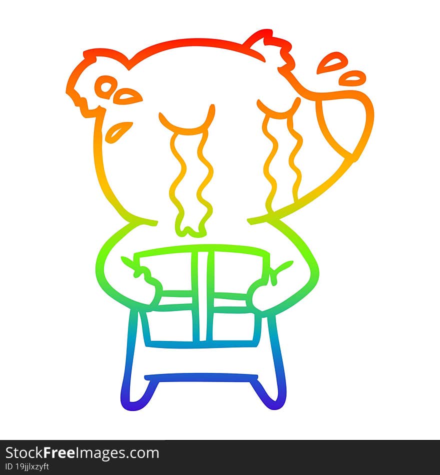 rainbow gradient line drawing of a cartoon crying bear with present