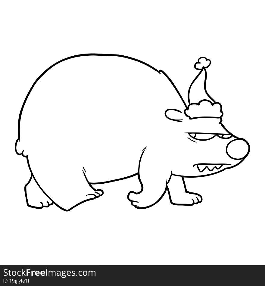 line drawing of a angry polar bear wearing santa hat