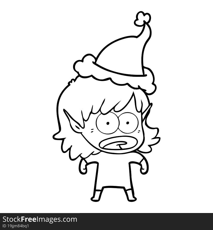 line drawing of a shocked elf girl wearing santa hat