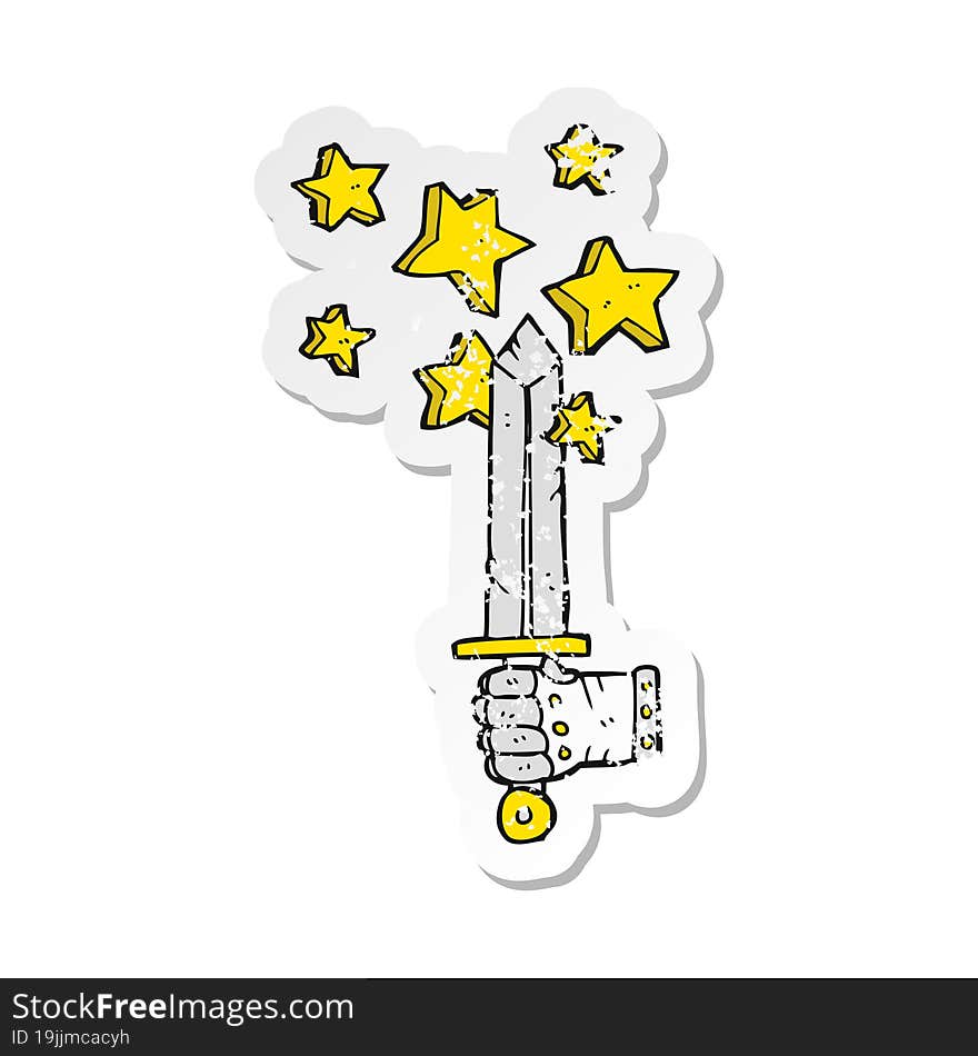 Retro Distressed Sticker Of A Cartoon Hand Holding Magic Sword