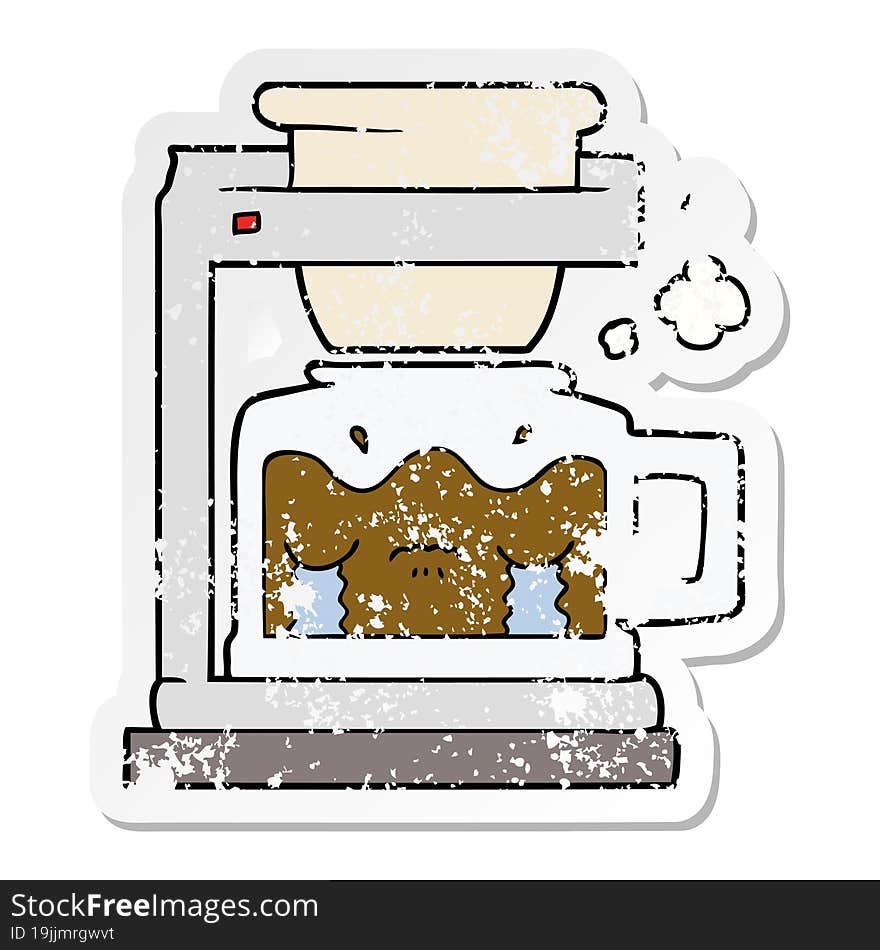 distressed sticker of a cartoon crying filter coffee machine