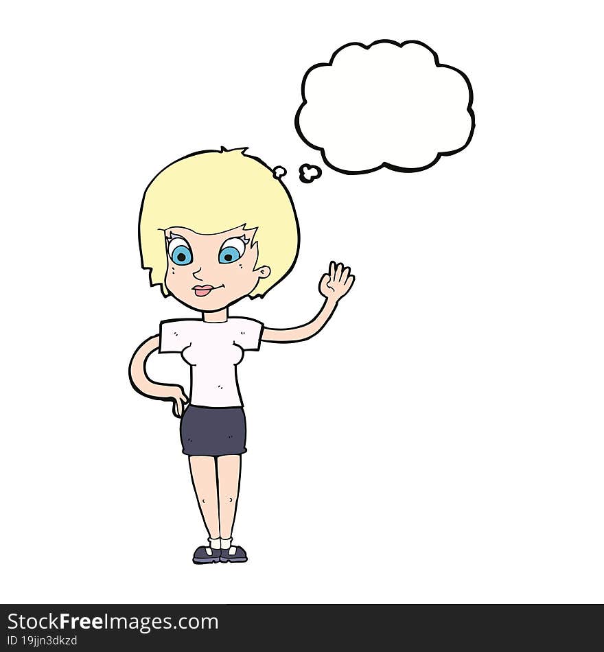 cartoon woman waving with thought bubble