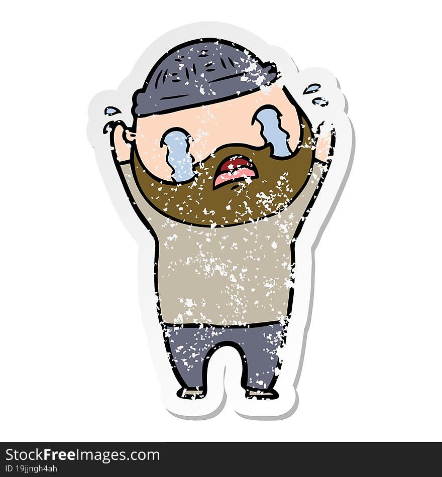 distressed sticker of a cartoon bearded man crying