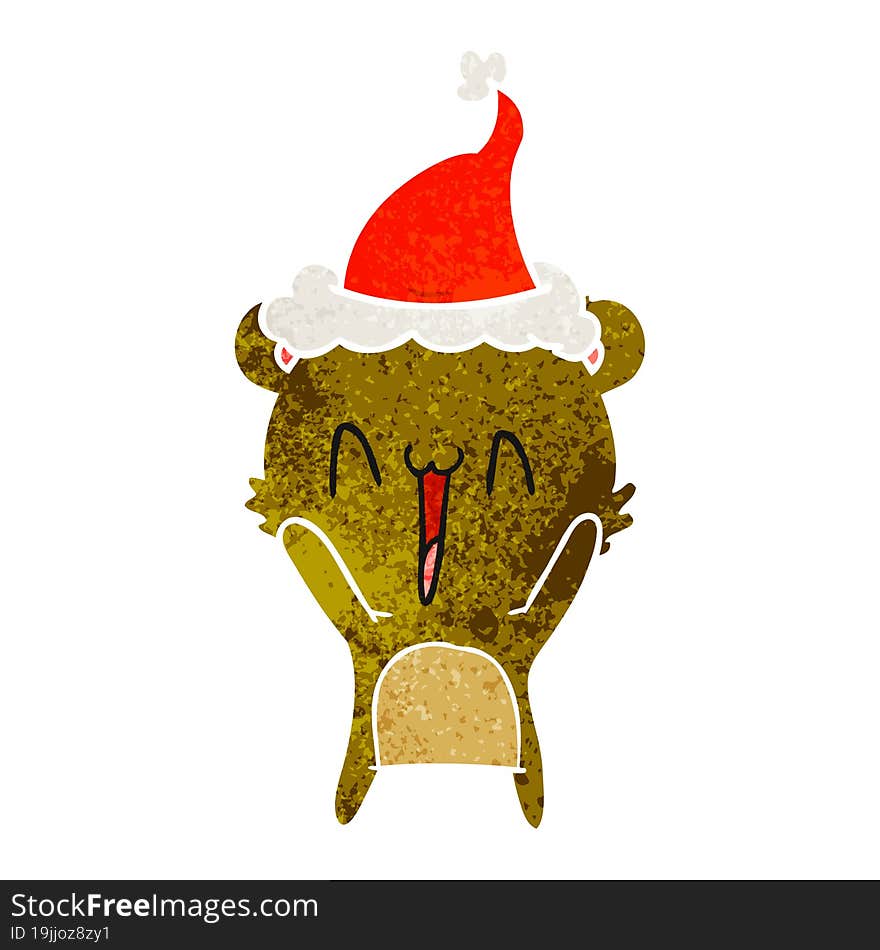 happy bear retro cartoon of a wearing santa hat