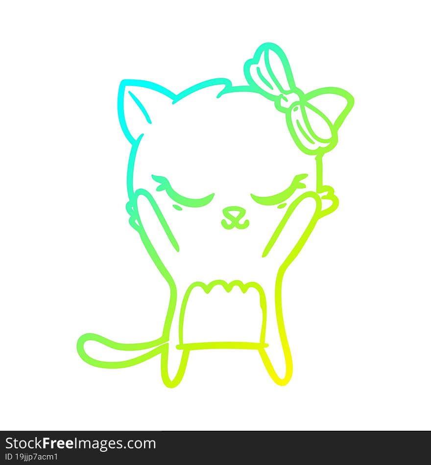 cold gradient line drawing of a cute cartoon cat with bow