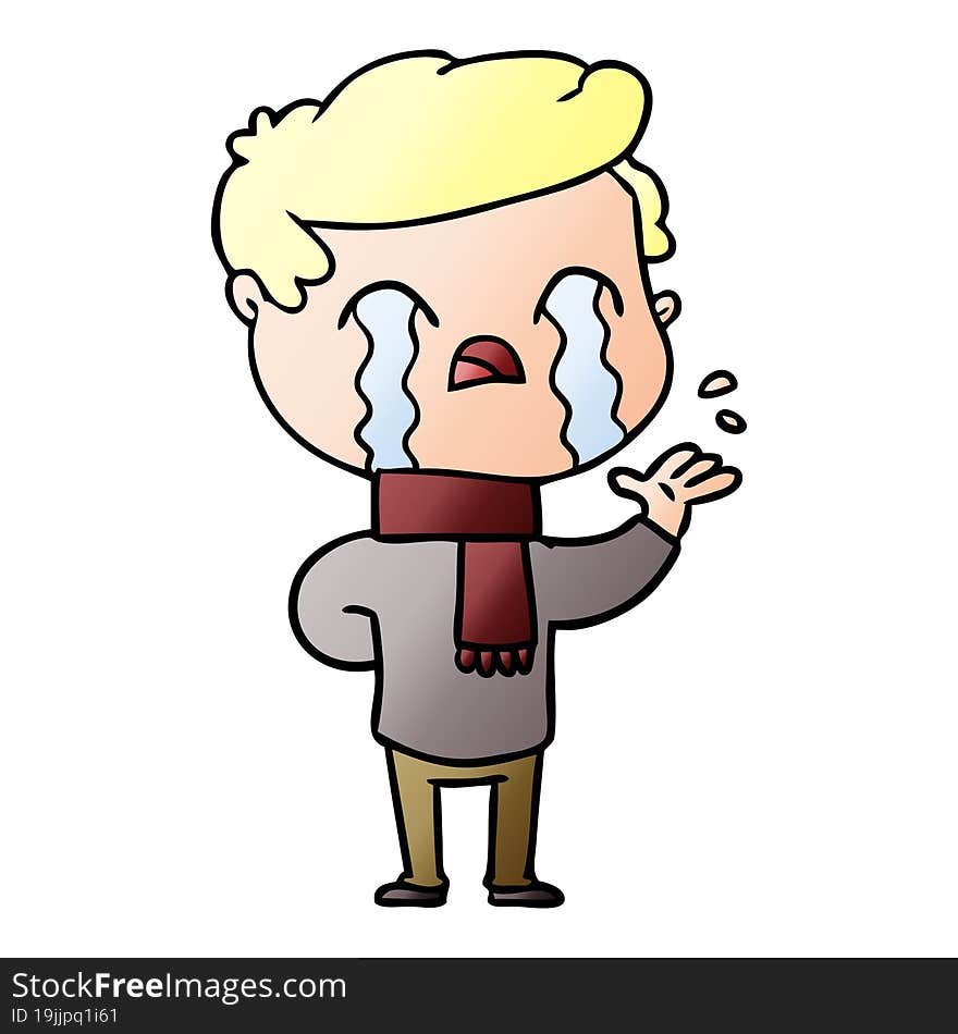 cartoon man crying wearing winter scarf. cartoon man crying wearing winter scarf