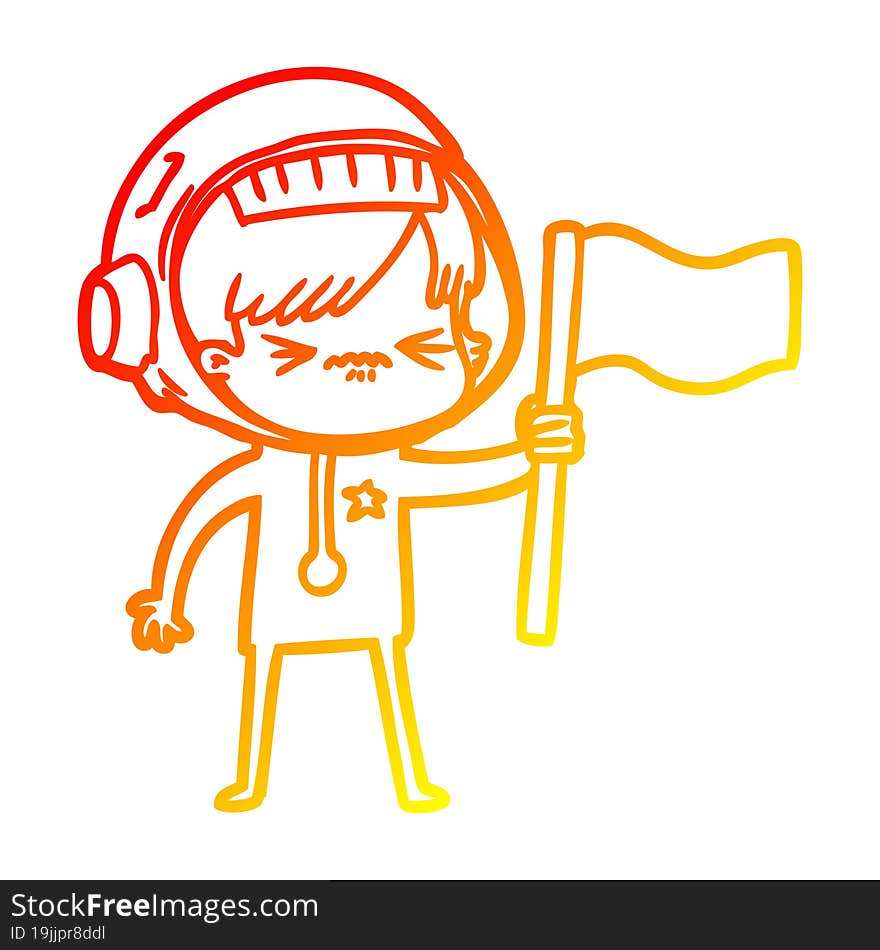 warm gradient line drawing angry cartoon space girl waving flag