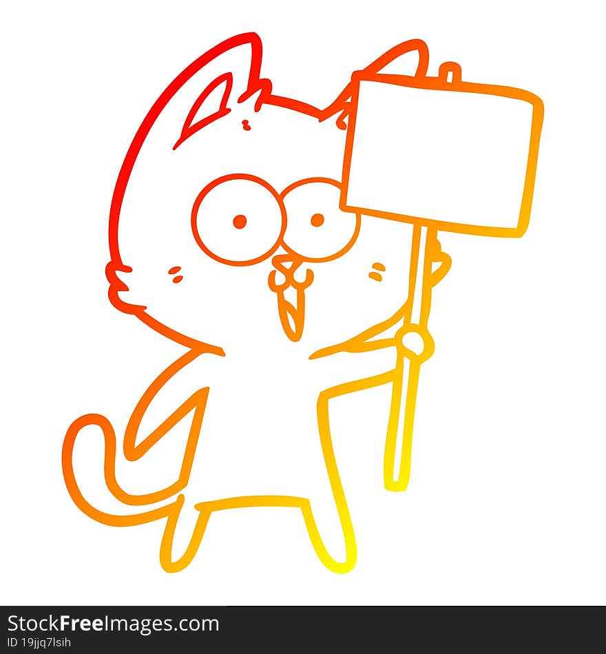 warm gradient line drawing funny cartoon cat with sign