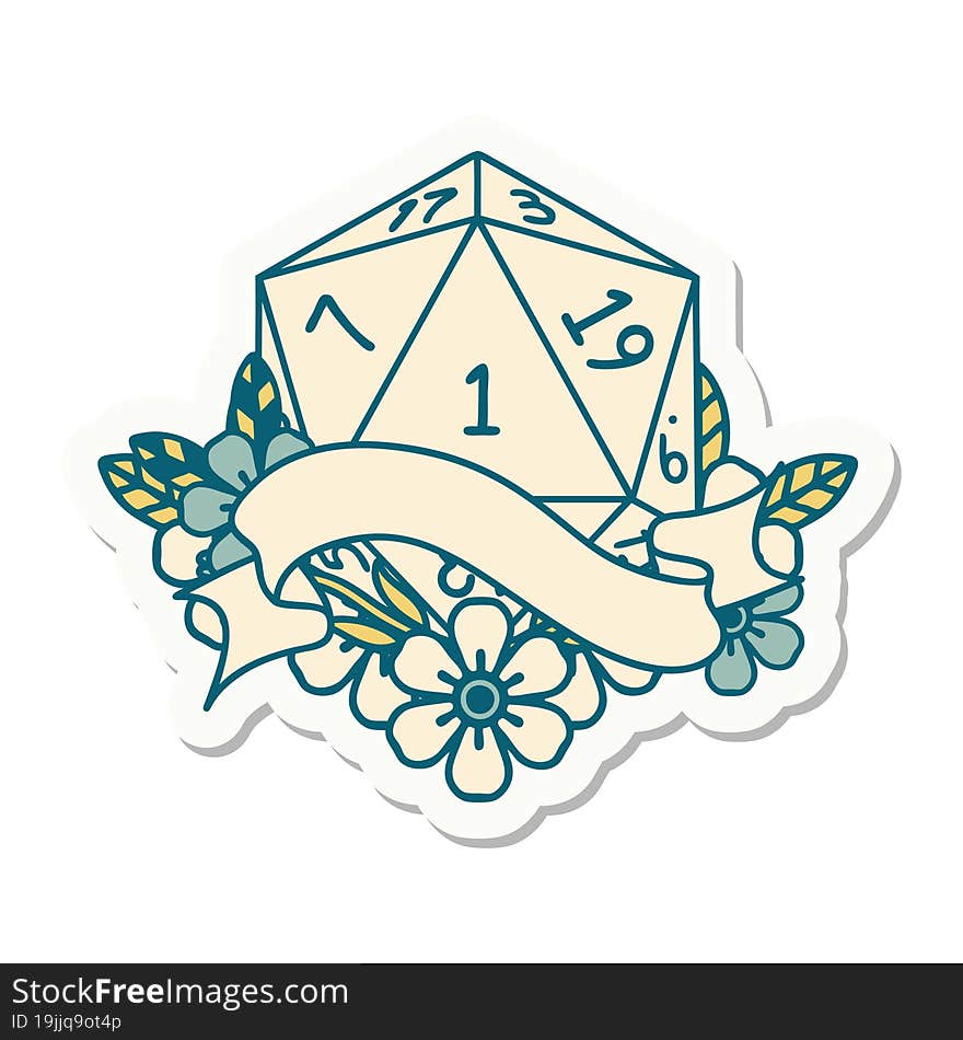 sticker of a natural one d20 dice roll. sticker of a natural one d20 dice roll