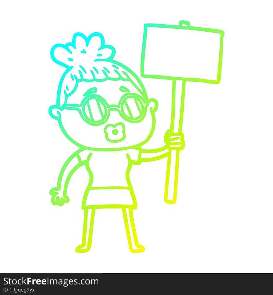 cold gradient line drawing cartoon protester woman wearing spectacles