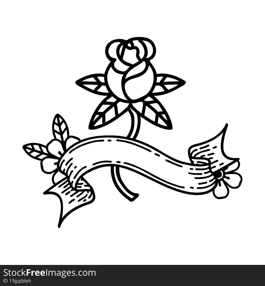 Black Linework Tattoo With Banner Of A Rose