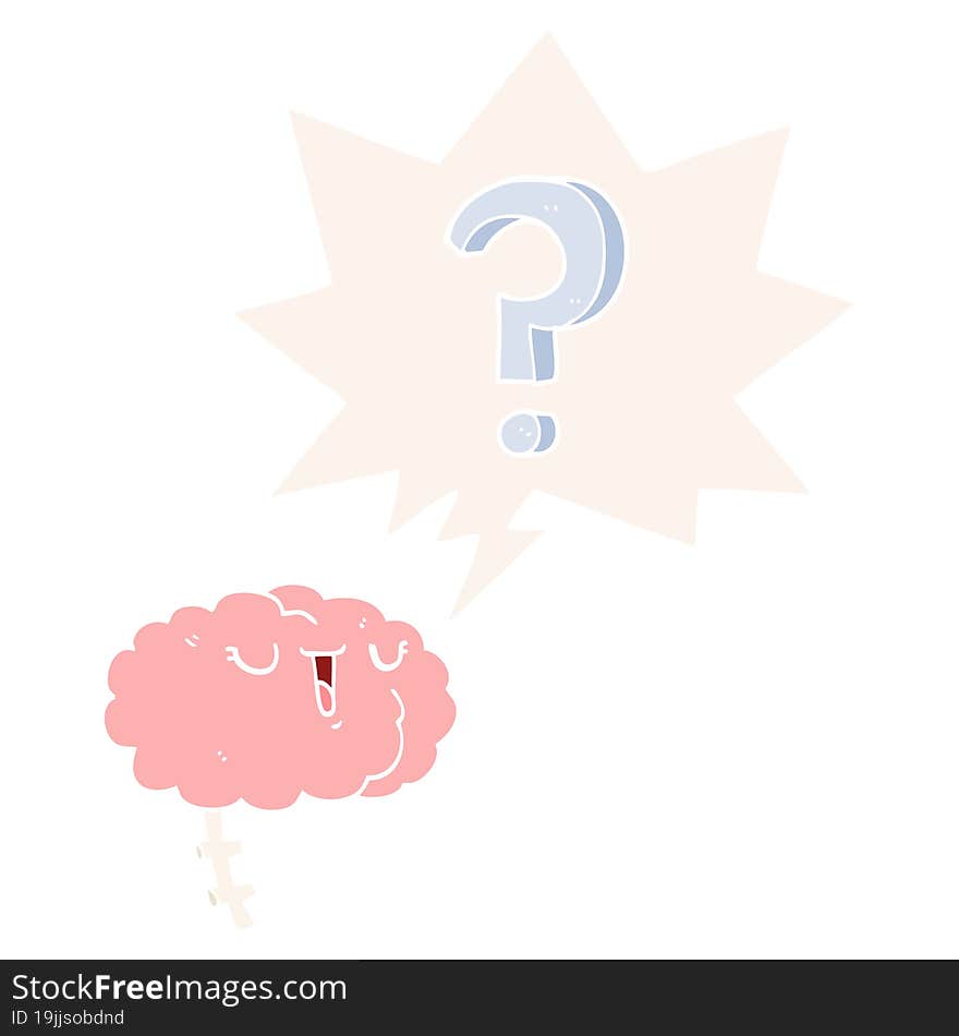 cartoon curious brain and speech bubble in retro style