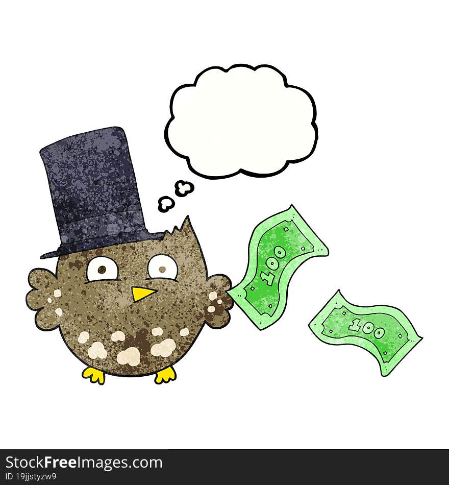 freehand drawn thought bubble textured cartoon wealthy little owl with top hat