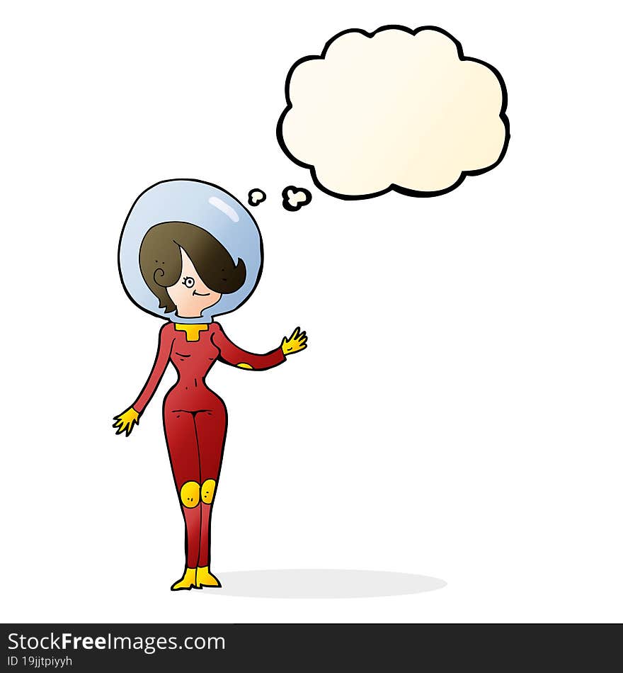 cartoon space woman with thought bubble