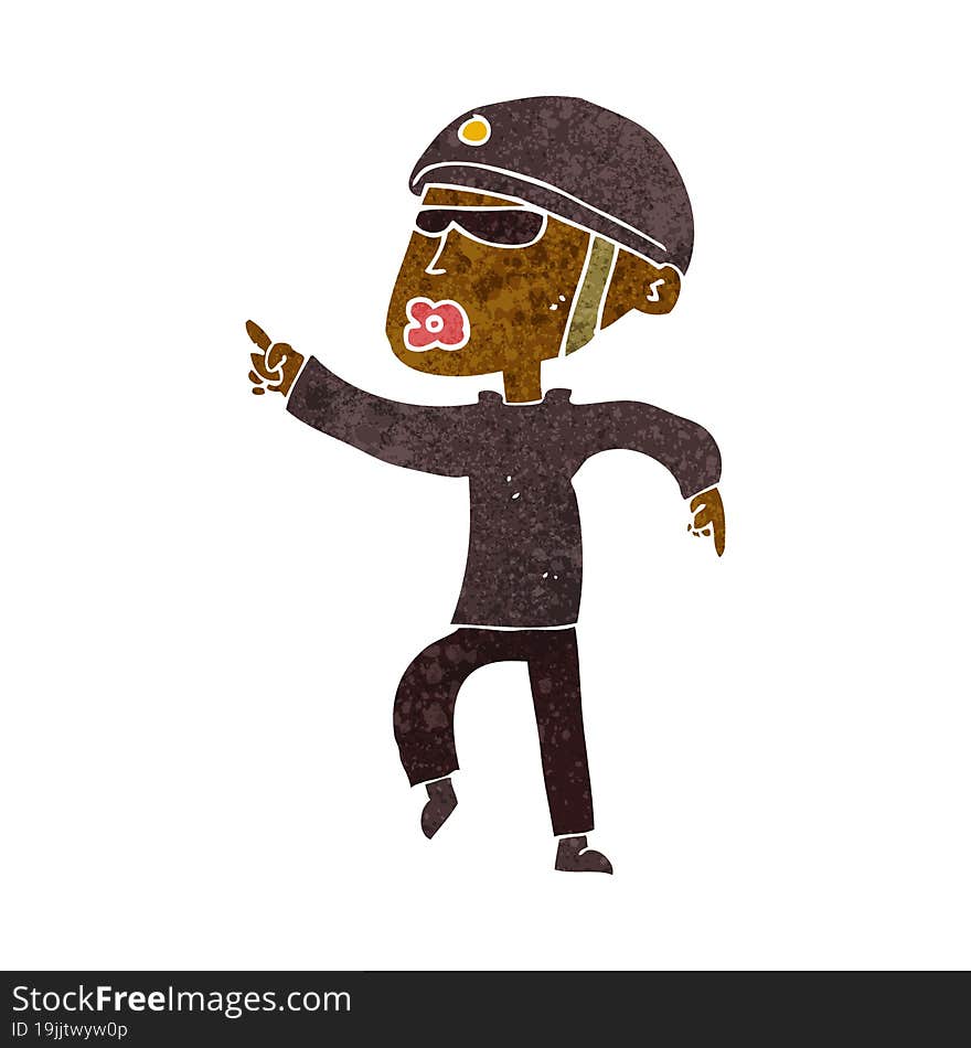 cartoon man in bike helmet pointing