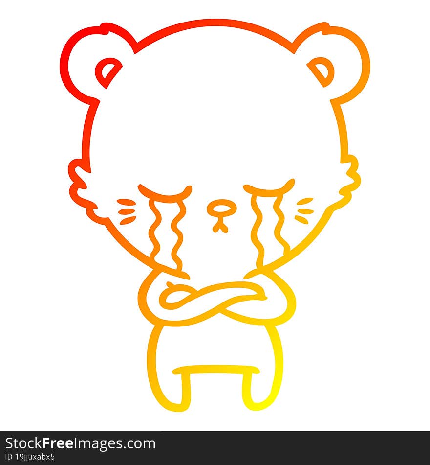 warm gradient line drawing crying cartoon bear with folded arms