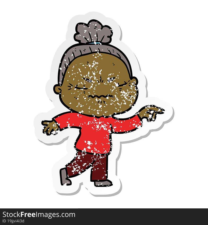 Distressed Sticker Of A Cartoon Annoyed Old Lady