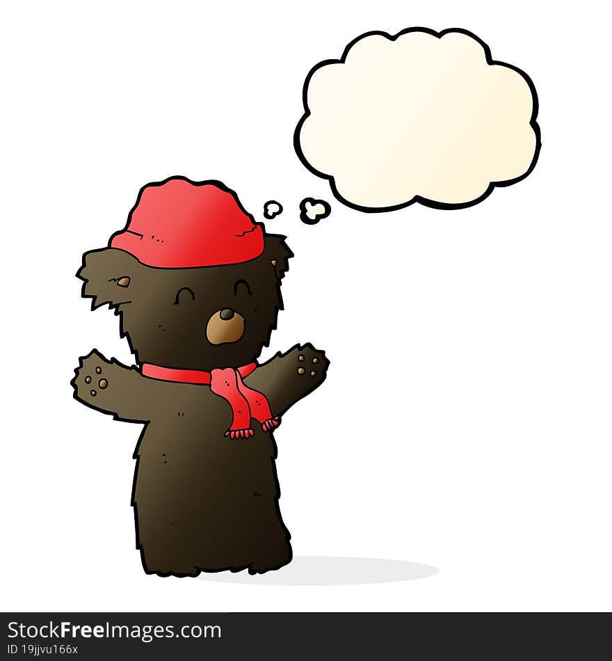 cartoon cute black bear in hat and scarf with thought bubble