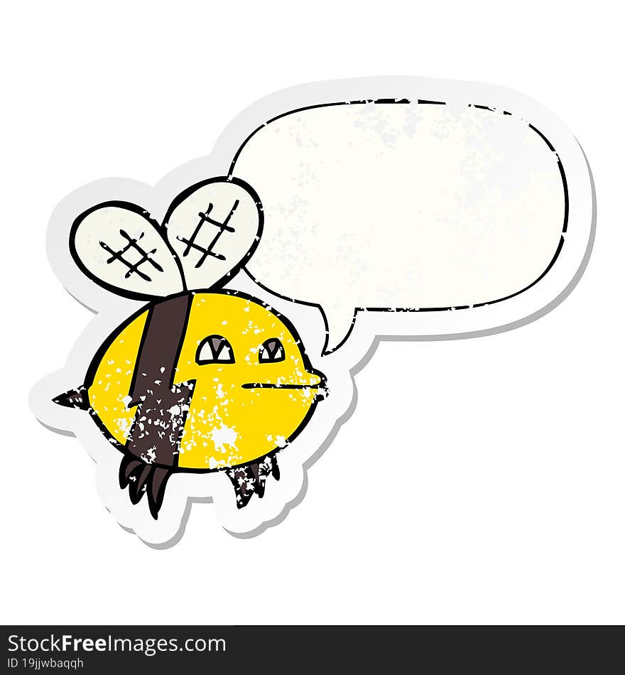 cartoon bee with speech bubble distressed distressed old sticker. cartoon bee with speech bubble distressed distressed old sticker