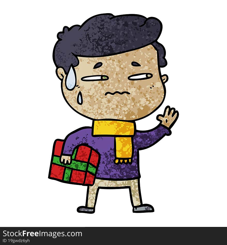 cartoon anxious man with christmas gift. cartoon anxious man with christmas gift