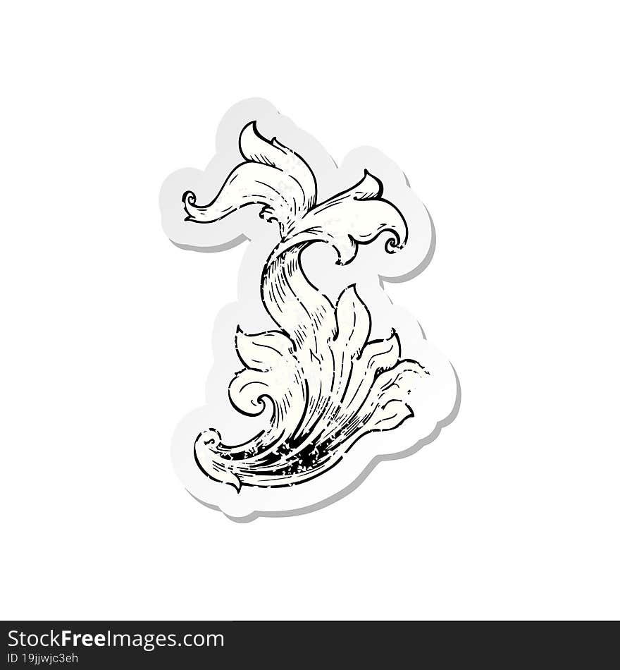 Retro Distressed Sticker Of A Traditional Hand Drawn Floral Swirl