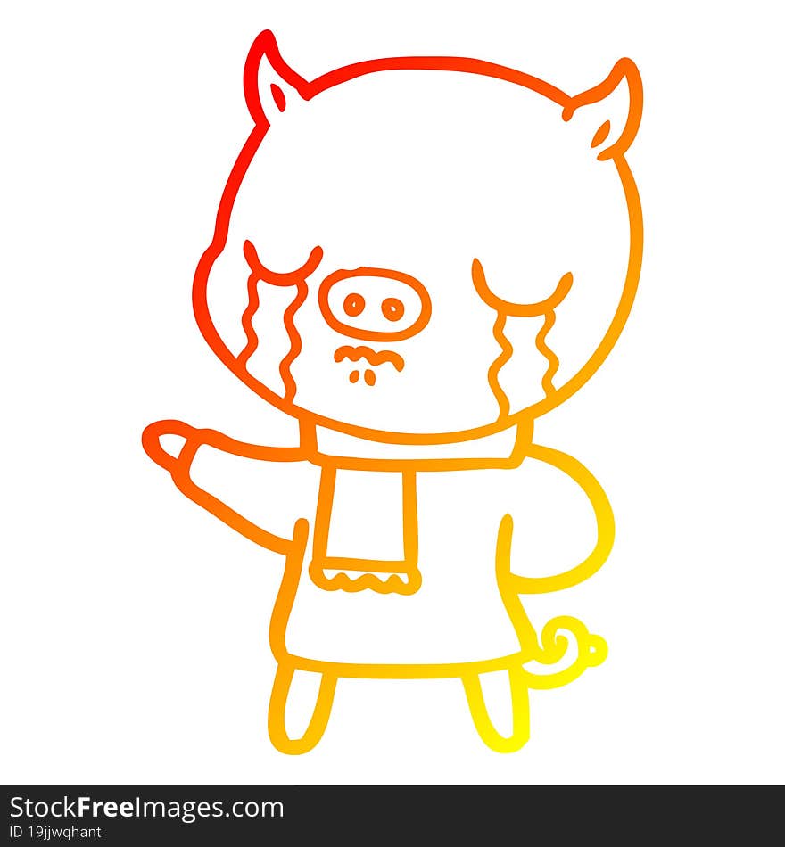 warm gradient line drawing of a cartoon crying pig wearing scarf